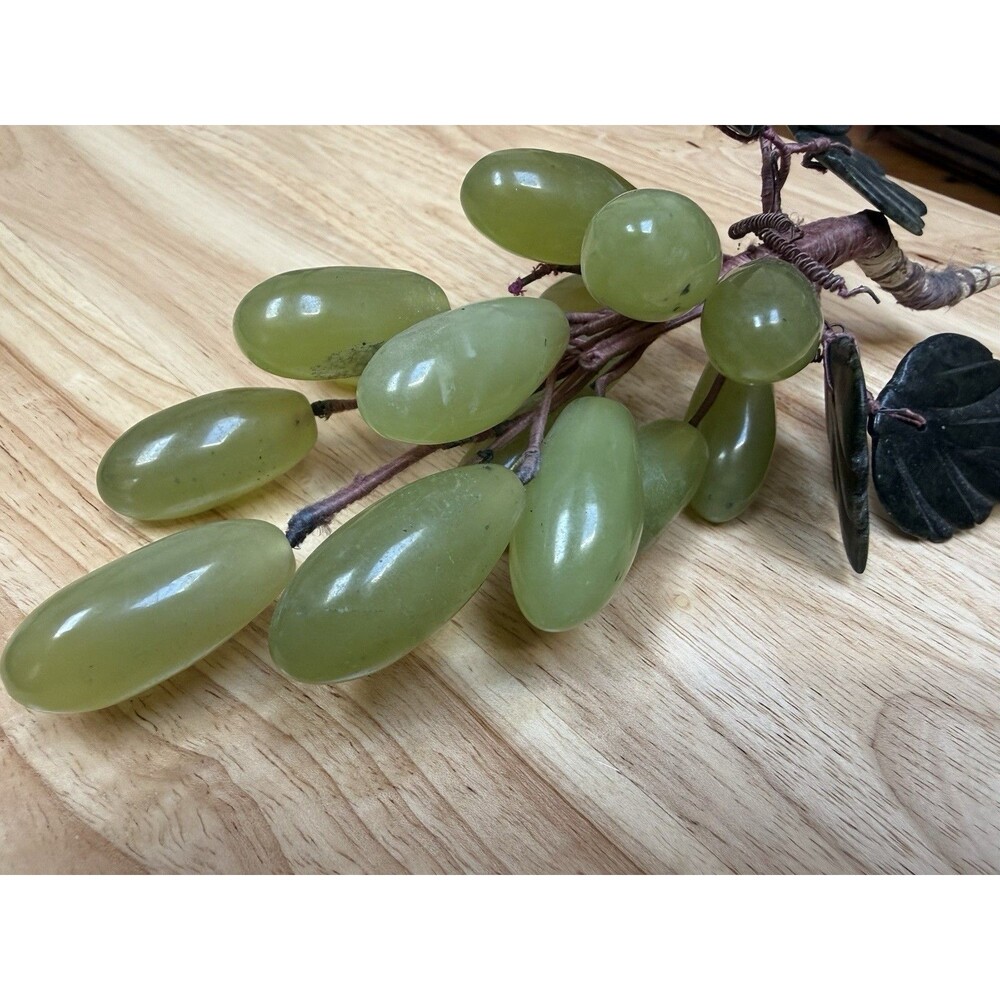 Vintage MCM Green Jade Grapes Cluster With Polished Stone Leaves